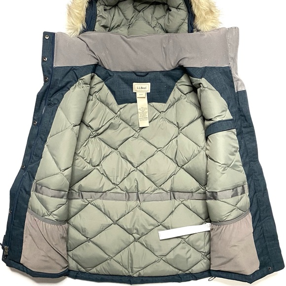 LL Bean Baxter State Parka Slate Blue Down Jacket Faux Fur Hood Medium Petite - Picture 10 of 16